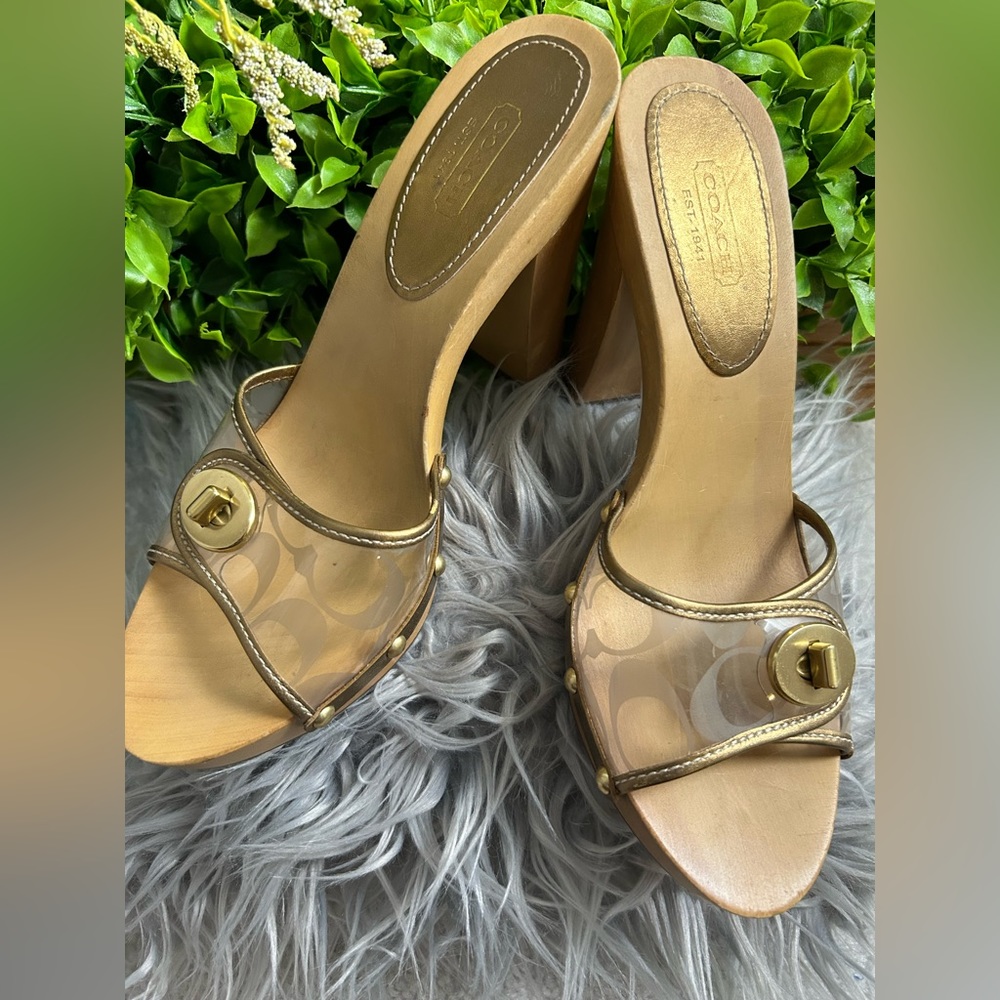Coach Wooden Platform Slip on Heels